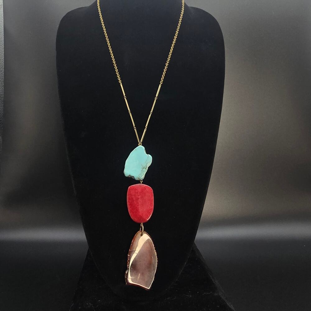 Faux Turquoise Agate Pendant Necklace Blue Pink Brown Statement Jewelry